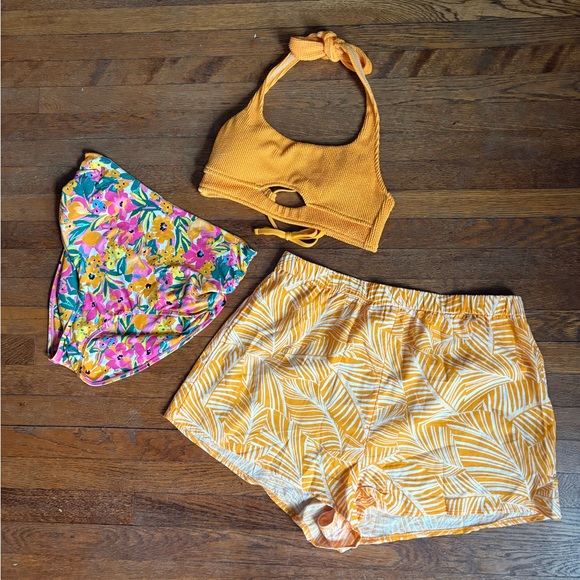 Shade & Shore Other - Yellow Knit Halter Top with Floral High-Waisted Bottoms, Leaf-Print Shorts